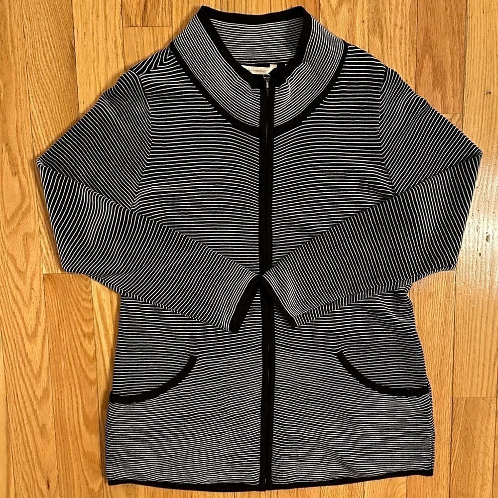 Soft Surroundings Black White Stripped Ribbed Full Zip Sweater Pockets Jacket M